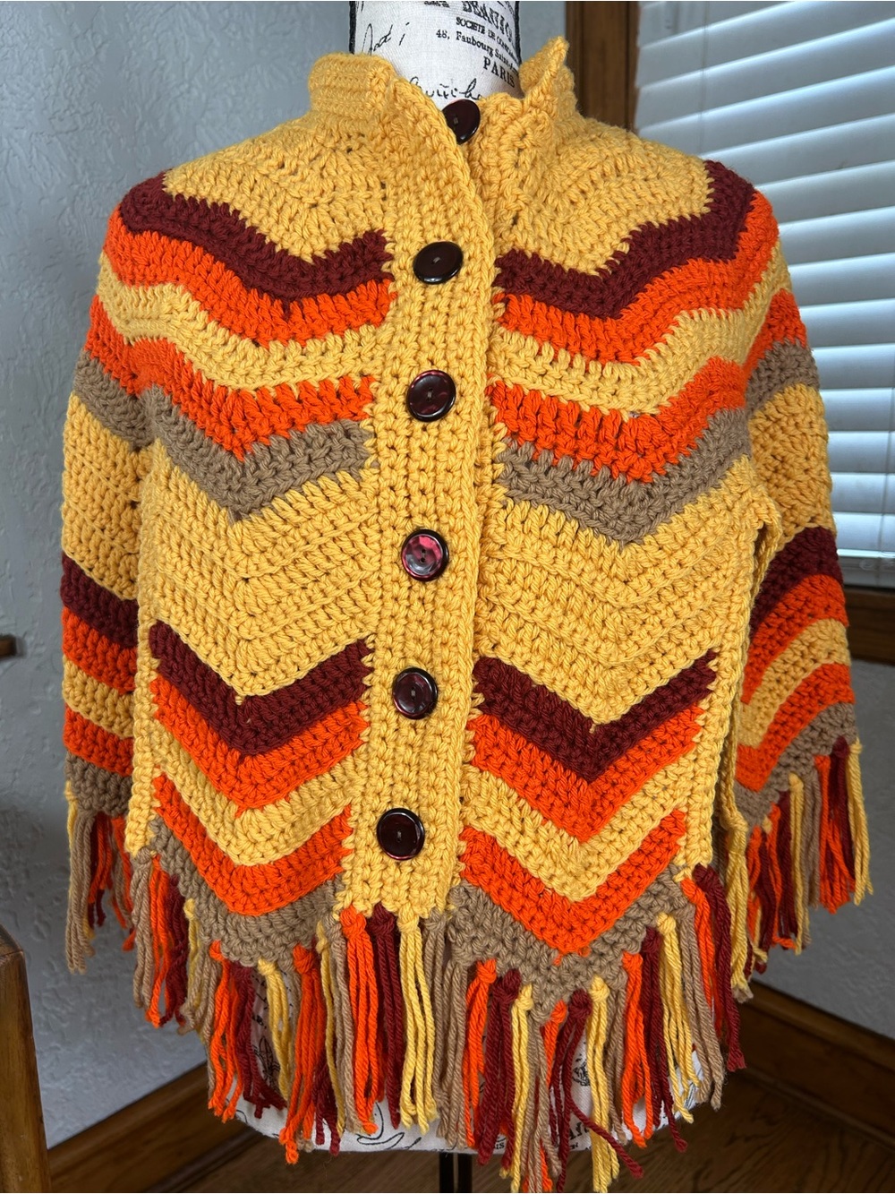 VTG 70’s Chevron Crochet Ripple Cape Fringed Button Front Shawl Handmade Size OS